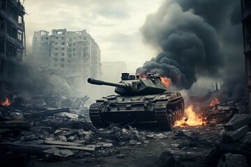 A tank in the middle of a war-torn city, with smoke and debris from destroyed buildings in the background - obrazy, fototapety, plakaty