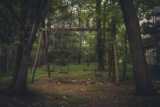 : A forgotten playground, with rusty swings, fading paint, and tall, looming trees, quietly reclaiming the space