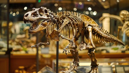 Obraz premium A skeleton of a dinosaur is on display in a museum by AI generated image