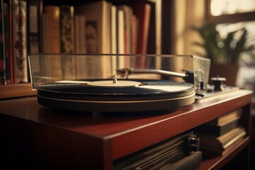 Fototapeta premium A vintage record player with a stack of records beside it