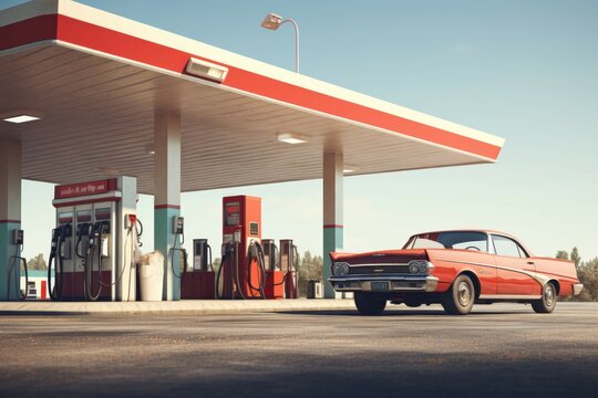 A vintage car parked in front of a retro gas station