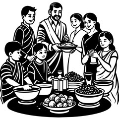 Illustrate a scene of families gathering together for a festive meal, complete with traditional Maharashtrian dishes, to mark the occasion of Gudi Padwa