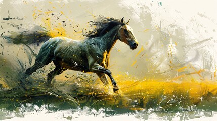 Golden brushstrokes on oil canvas for a modern art background featuring horses in green and gray. Ideal for wallpapers, posters, murals, carpets, and prints.