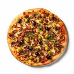 A pizza with a golden-brown crust, topped with a variety of olives, isolated on white background
