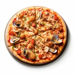A pizza with a golden-brown crust, topped with a variety of seafood, isolated on white background