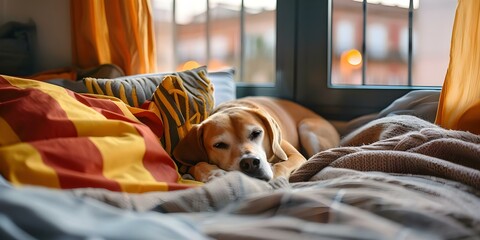 Dog sleeping on bed with warm autumnwinter bedding cozy room with Catalan flag in window. Concept Pets, Home Decor, Cozy Atmosphere, Autumn/Winter, Cultural Identity - obrazy, fototapety, plakaty