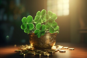 A green shamrock with a pot of gold in the background - obrazy, fototapety, plakaty