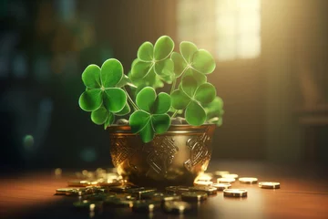 Foto op Canvas A green shamrock with a pot of gold in the background © Michael Böhm
