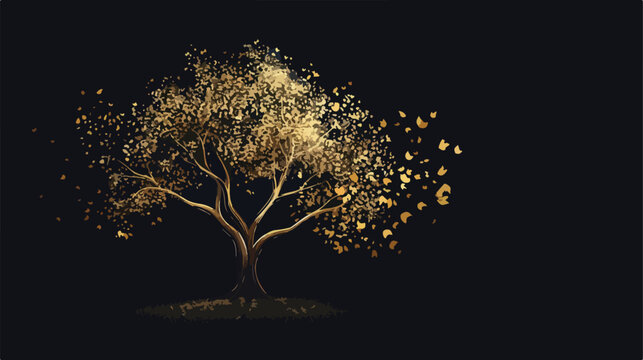 Golden tree on a black background. Wealth symbol. Mon