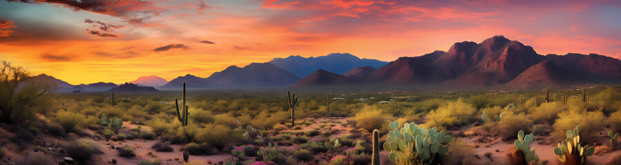 A panoramic view of the Arizona desert with mountains in the background, cacti and greenery in the foreground,