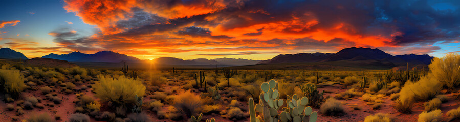 Painting of the Arizona desert with cacti and mountains at sunset, with orange sky and clouds, in...