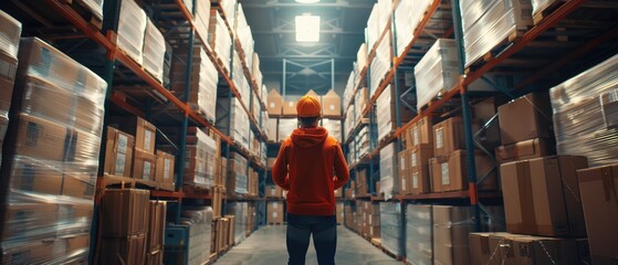 Fototapeta na wymiar A man wearing a yellow helmet walks through a warehouse filled with boxes by AI generated image