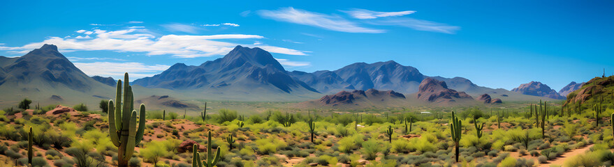 Panoramic photo of the Arizona desert with cacti and mountains - obrazy, fototapety, plakaty