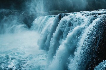 : A grand waterfall, with its powerful water mass taking various shapes in a time-lapse, representing the intensity and beauty of nature - obrazy, fototapety, plakaty