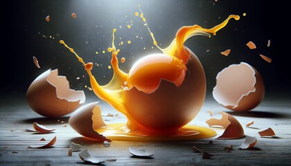 Egg yolk performing a dance, ultra HD, realistic texture, shells strewn, dynamic lighting - obrazy, fototapety, plakaty