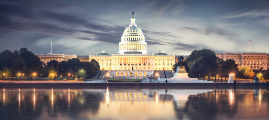 Wide shot of the United States Capitol Building at dusk, with beautiful reflections on the water in front of the building