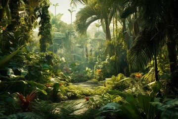 A lush, tropical jungle with a variety of plants and trees - obrazy, fototapety, plakaty