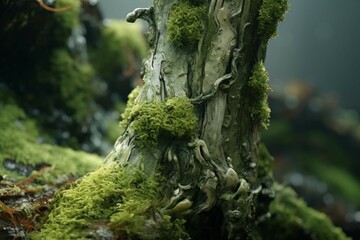 A tree trunk covered in moss and lichen - obrazy, fototapety, plakaty