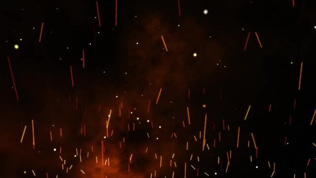 A looping, 4K slow motion animation of sparks, embers, and smoke, coming up from an off screen source, with heat distortion. Simple, smooth, particle animation. Bokeh, realistic background element
