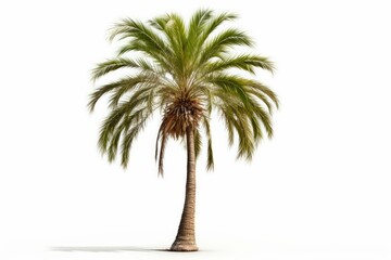 A mature palm tree with its tall trunk and long fronds, isolated on white background - obrazy, fototapety, plakaty