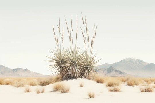 A yucca plant with its spiky leaves and tall stalks, standing in a desert landscape, isolated on white background