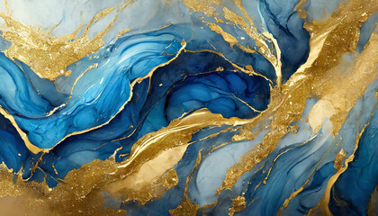 Fototapeta premium Abstract blue and gold fluid art painting