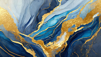 Abstract blue and gold fluid art painting