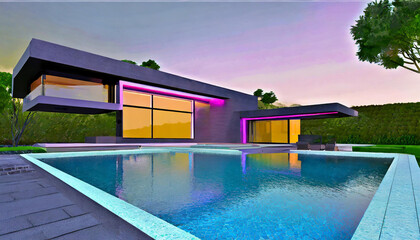 Contemporary villa with reflective pool. Modern minimalist house with a pool at dusk. Residence with sunset pool reflections.