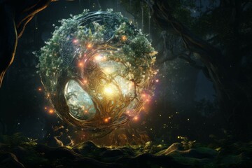 A magical tree with a glowing orb in its branches