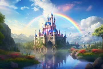 A magical castle surrounded by a moat with a rainbow bridge leading to it