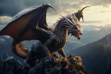 A dragon perched atop a mountain peak, surveying the landscape