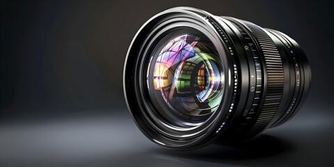 Close-up front view of wide-angle camera lens on dark background. Camera lens with lenses reflections highlighting the intricate details of photography equipment and technology - obrazy, fototapety, plakaty