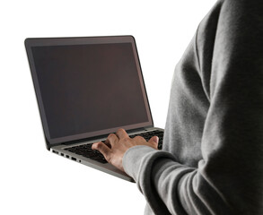 Side view of a person using a laptop, displayed with a blank screen, isolated on a white background, focusing on technology usage