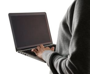 Side view of a person using a laptop, displayed with a blank screen, isolated on a white background, focusing on technology usage