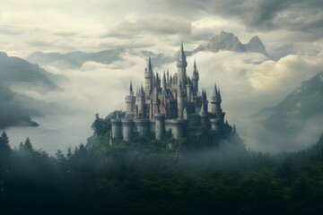 A majestic castle in a faraway land, surrounded by lush green forests and a mysterious fog - obrazy, fototapety, plakaty
