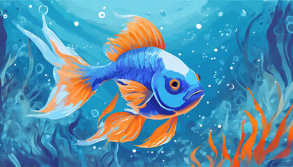Illustration of a vibrant blue goldfish in underwater scenery