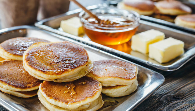 Pancakes in buffet for breakfast with honey and butter. Creative Banner. Copyspace image