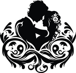 couple romantic with victorian flourish decoration in black and white illustration