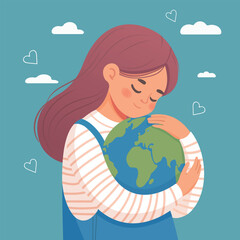 Caring girl gently hugging the the planet earth. Earth day. Vector illustration