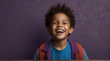 young american child boy on plain bright purple background laughing hysterically looking at camera background banner template ad marketing concept from Generative AI