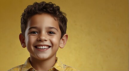 young american child boy on plain bright yellow background laughing hysterically looking at camera background banner template ad marketing concept from Generative AI