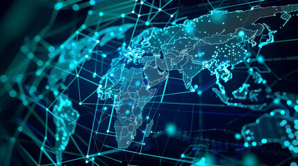 A blue and green image of the world with a lot of lines and dots