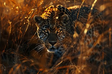 : A leopard prowling through the dense underbrush, bathed in the golden light of sunset - obrazy, fototapety, plakaty