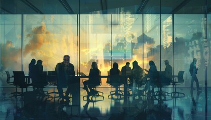 A group of people are sitting in a conference room with a large window by AI generated image - obrazy, fototapety, plakaty