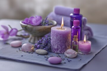 Purple candles, essential oils, and lavender flowers on a grey cloth.
