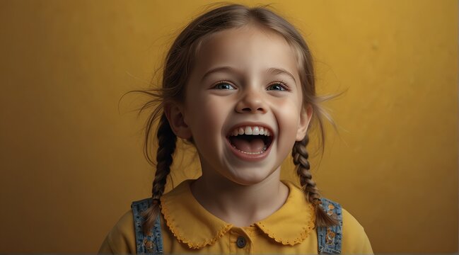 young caucasian child girl on plain bright yellow background laughing hysterically looking at camera background banner template ad marketing concept from Generative AI