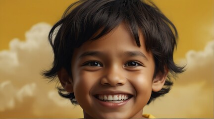 young indonesian child boy on plain bright yellow background laughing hysterically looking at camera background banner template ad marketing concept from Generative AI