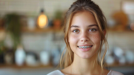 Portrait of a girl with braces on her teeth