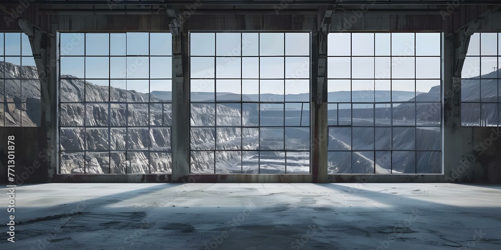 Poster collage of frames showcasing work in an iron ore quarry with multiple windows overlooking the quarry