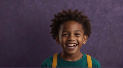 young jamaican child boy on plain bright purple background laughing hysterically looking at camera background banner template ad marketing concept from Generative AI